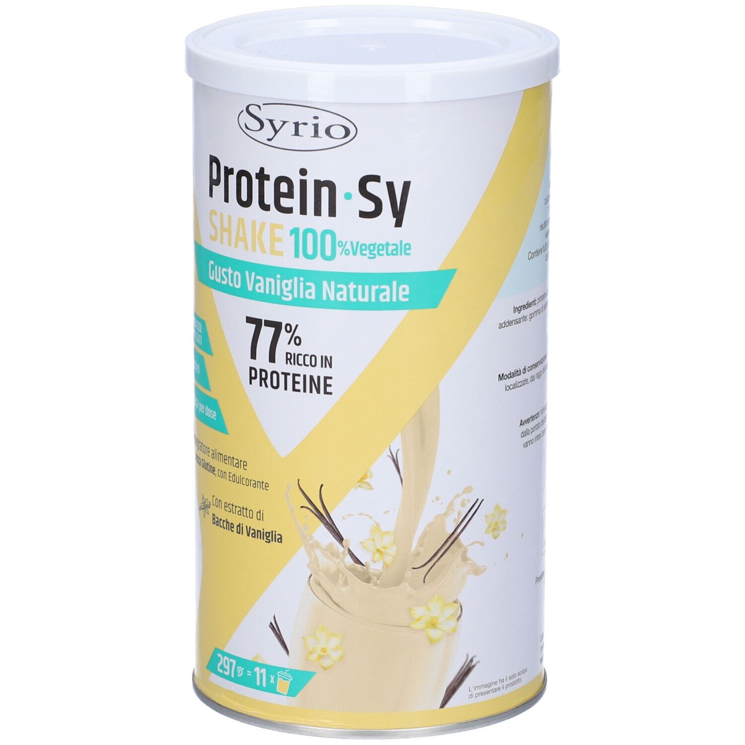 Barattolo cilindrico Protein-Sy SHAKE. Scritta: 100% vegetale, Gusto Vaniglia Naturale. 77% proteine. Design giallo e bianco.
