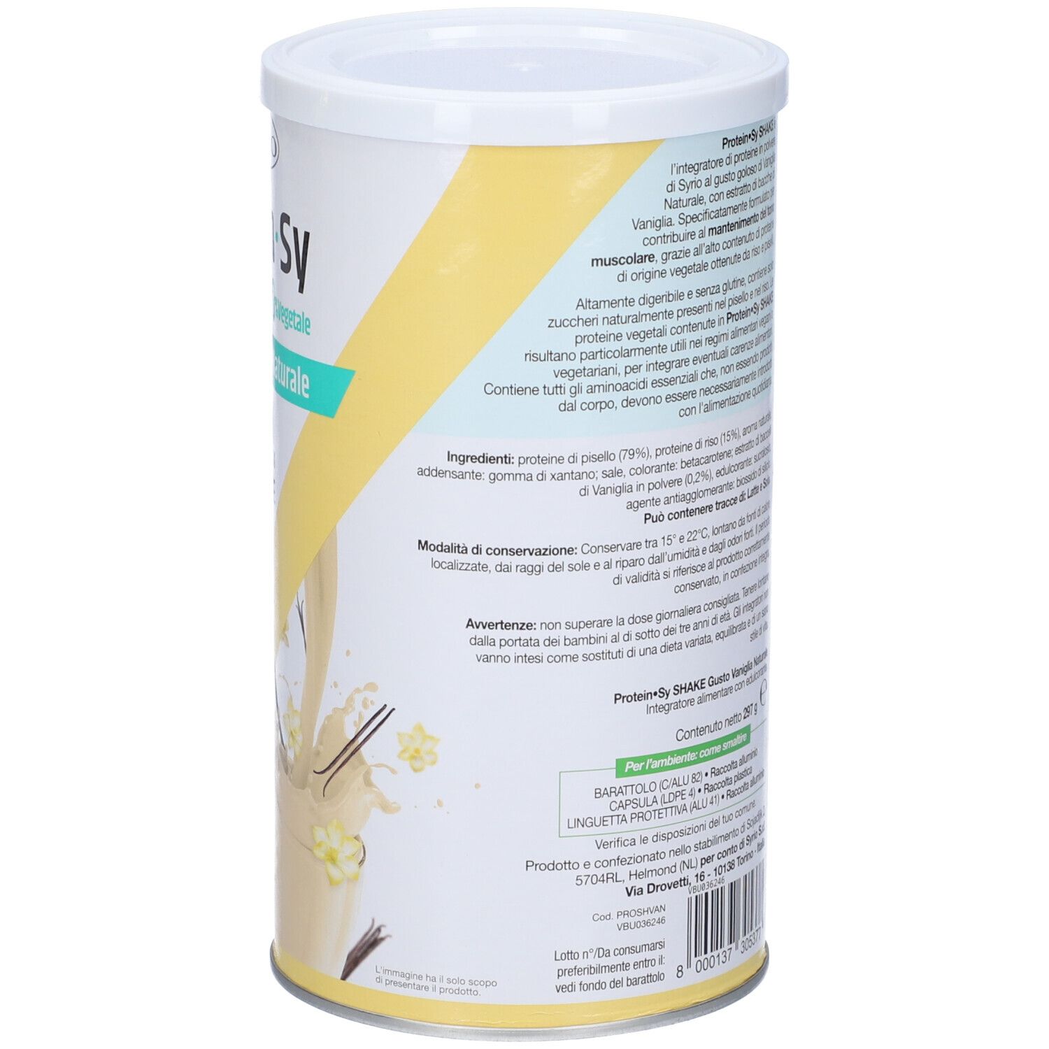 Retro del barattolo Protein-Sy SHAKE. Contiene informazioni sugli ingredienti e avvertenze. Design giallo e bianco. Testo in italiano.