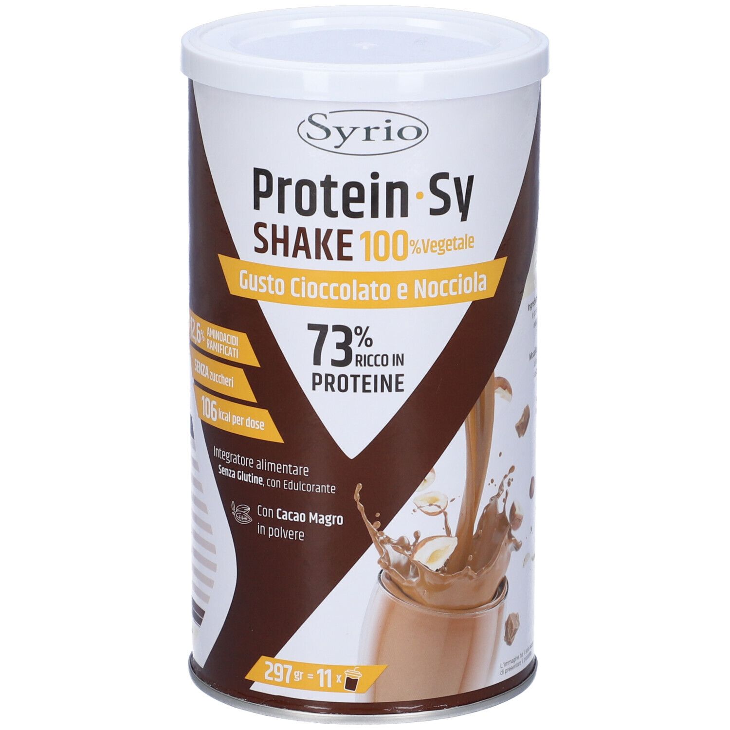 Barattolo cilindrico Protein-Sy Shake. Scritta: 100% Vegetale, gusto cioccolato-nocciola. 73% proteine. 106 kcal per porzione.