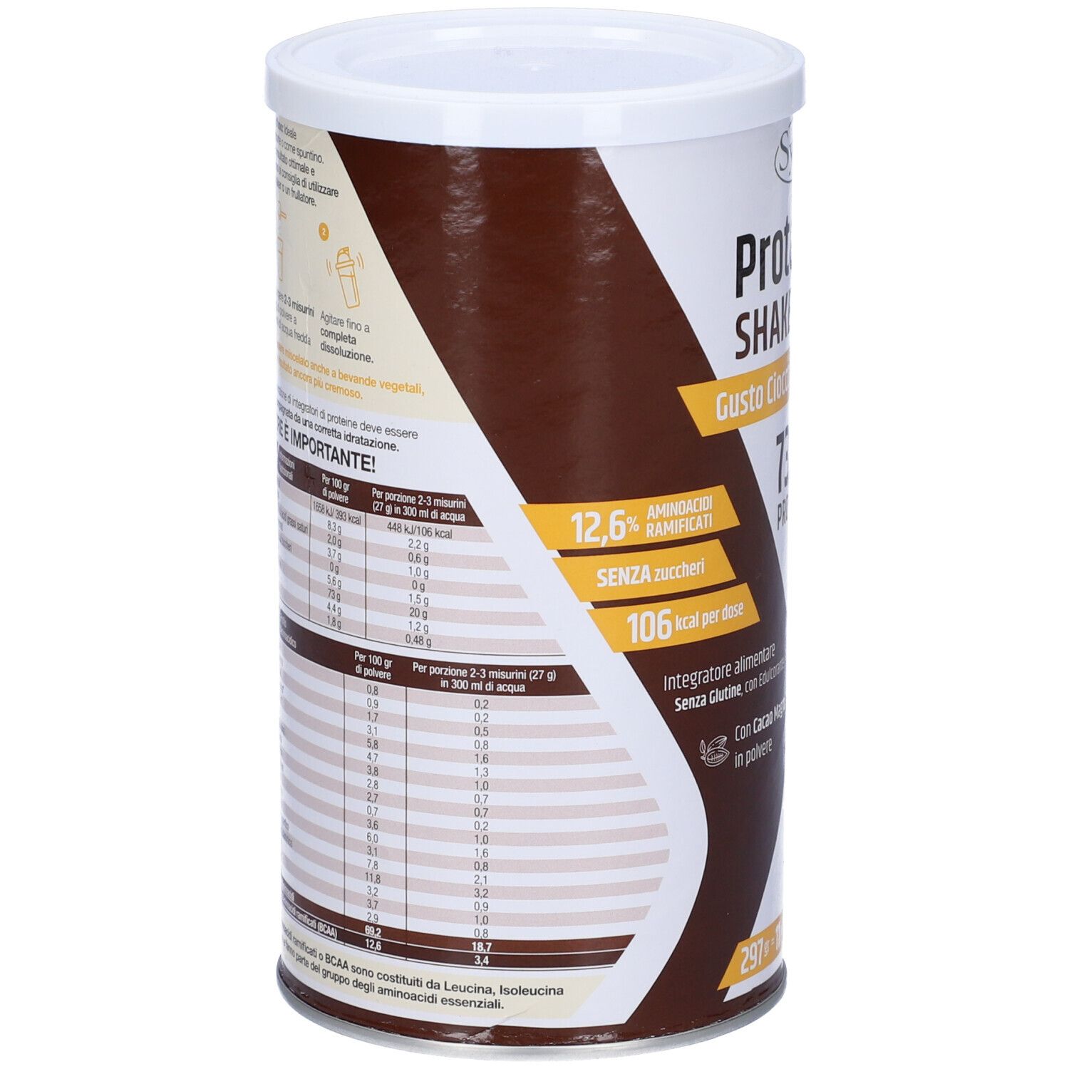 Barattolo Protein-Sy Shake, marrone-bianco. Informazioni nutrizionali, 12,6% fibre, 106 kcal per porzione. Senza zuccheri aggiunti. 250g.