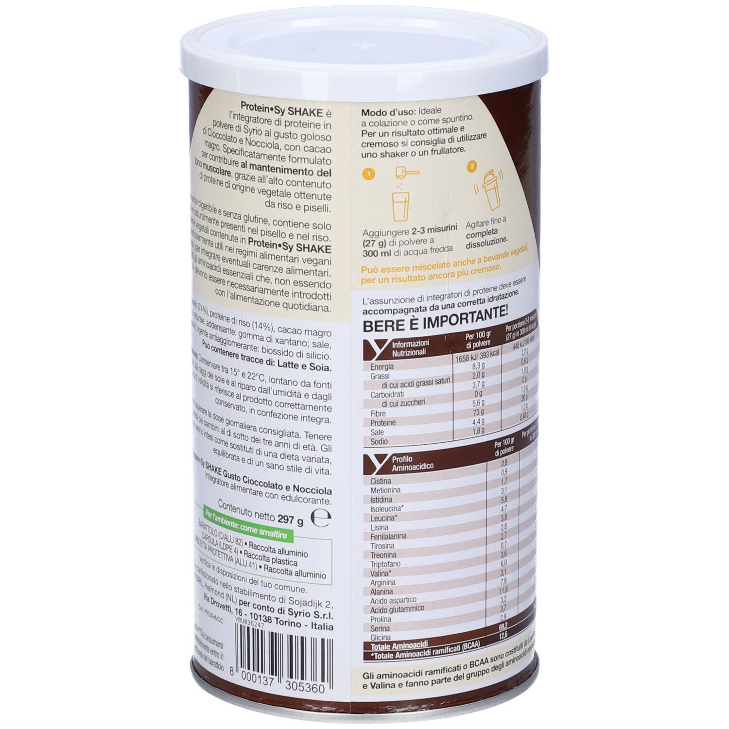 Barattolo Protein-Sy Shake, marrone-bianco. Elenco ingredienti, istruzioni per l'uso. Testo: Buon gusto cioccolato-nocciola. 297g. Senza glutine.