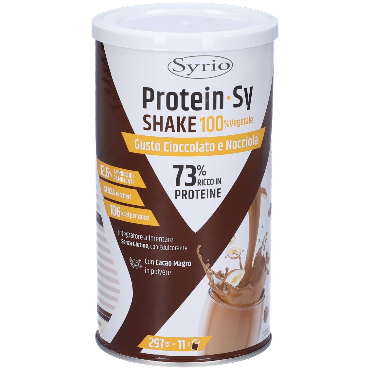 Barattolo cilindrico Protein-Sy Shake. Scritta: 100% Vegetale, gusto cioccolato-nocciola. 73% proteine. 106 kcal per porzione.