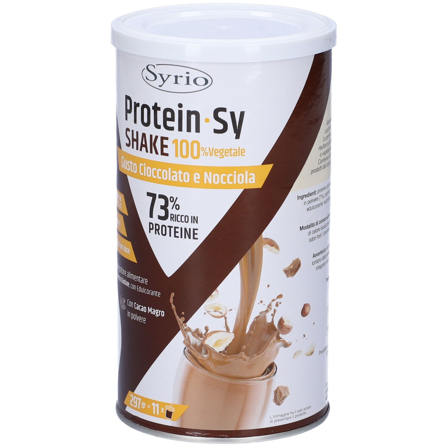 Barattolo cilindrico Protein-Sy Shake. Scritta: 100% Vegetale, gusto cioccolato-nocciola. 73% proteine. 106 kcal per porzione.