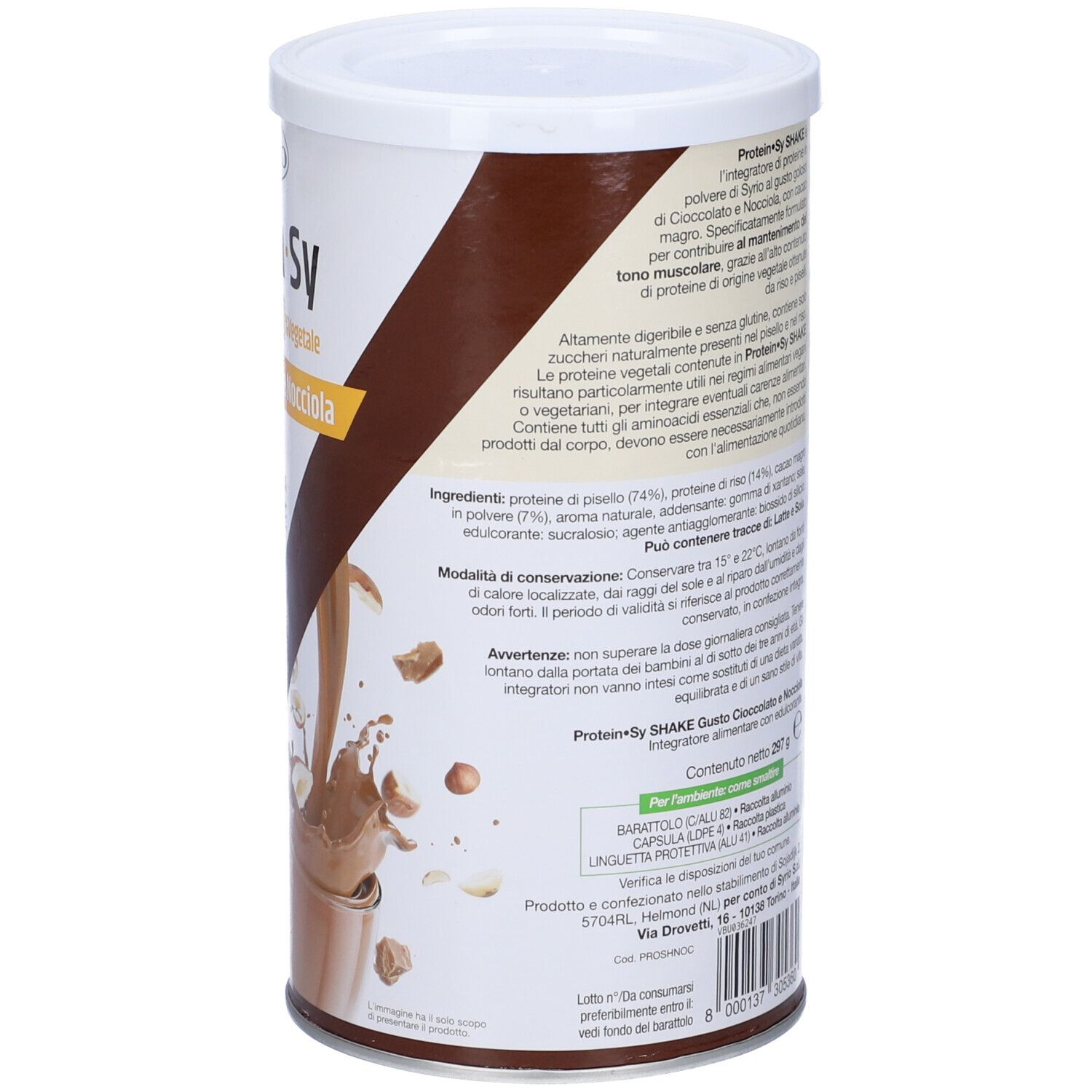 Barattolo Protein-Sy Shake, marrone-bianco. Elenco ingredienti, istruzioni per l'uso. Testo: Buon gusto cioccolato-nocciola. 297g. Senza glutine.