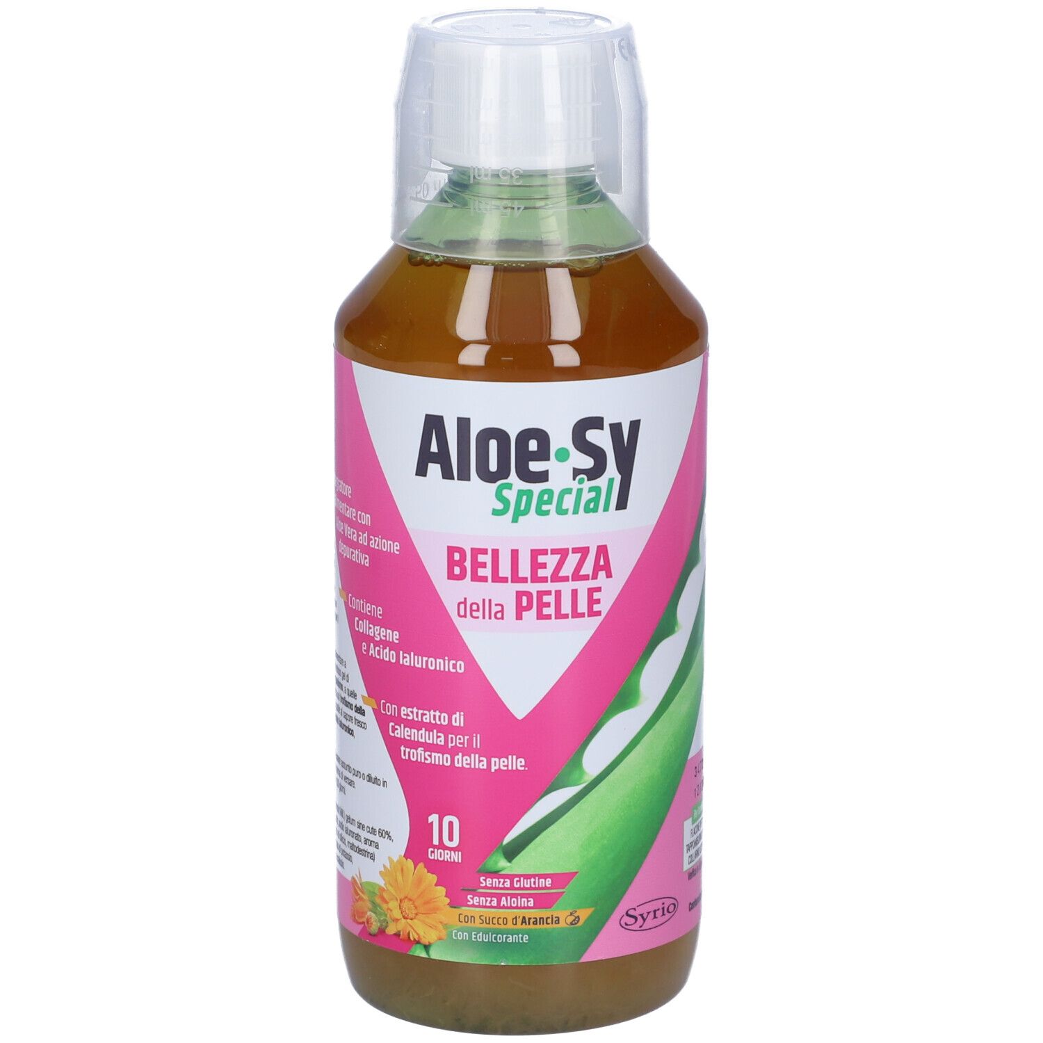 Integratore alimentare liquido in bottiglia. Etichetta rosa con nome del prodotto e illustrazione di aloe vera.