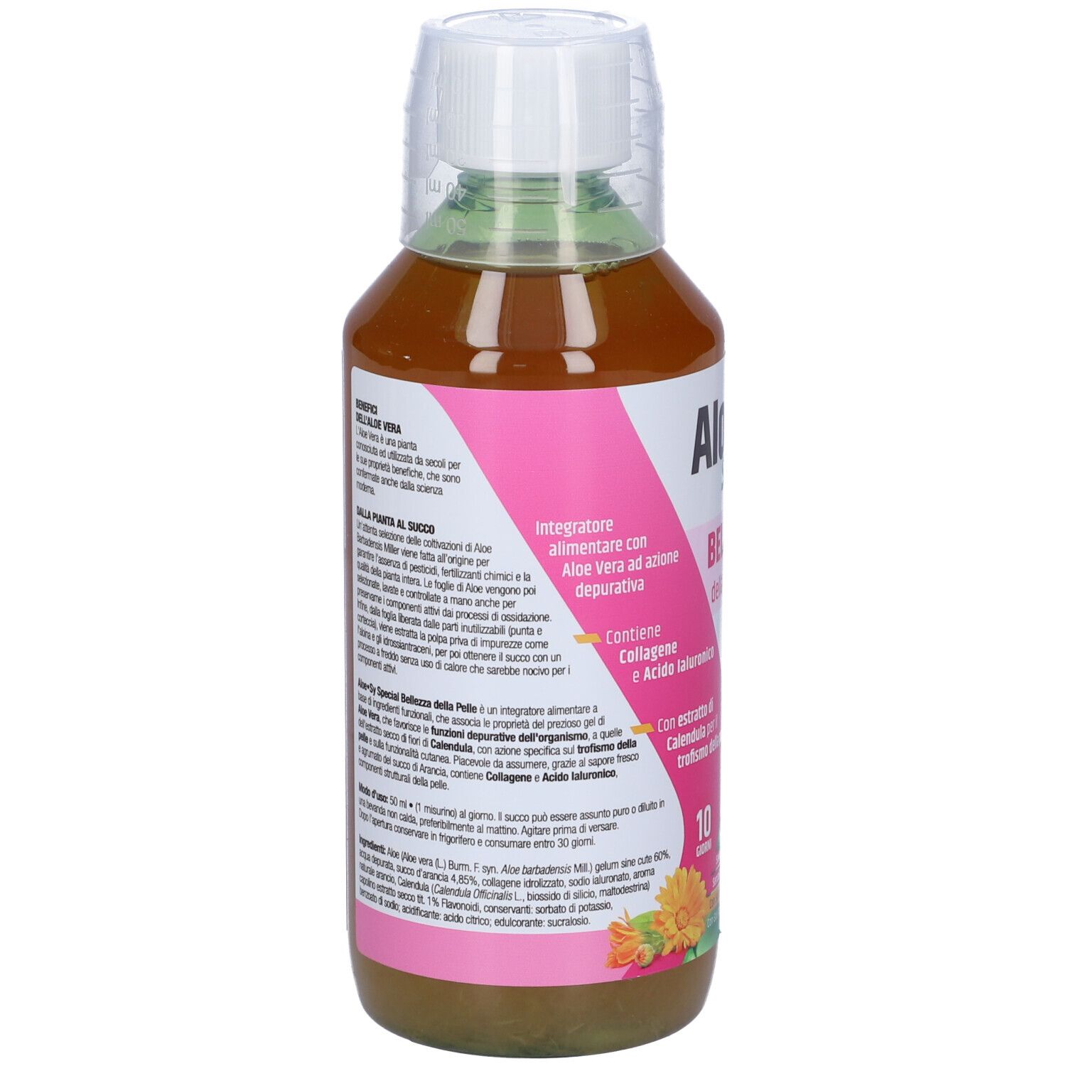 Integratore alimentare in bottiglia. Etichetta rosa con informazioni sul prodotto e illustrazione di aloe vera.