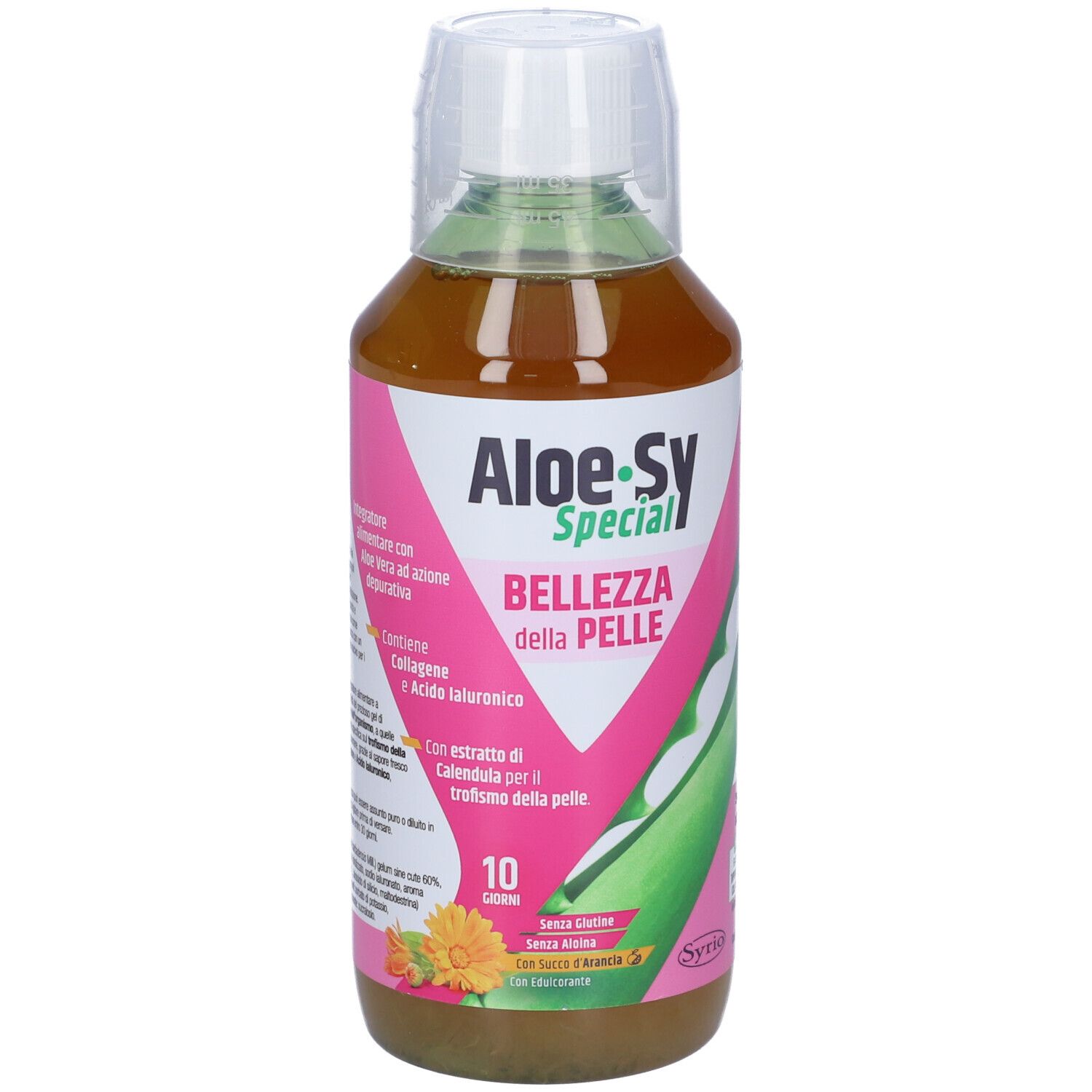 Integratore alimentare liquido in bottiglia. Etichetta rosa con nome del prodotto e illustrazione di aloe vera.