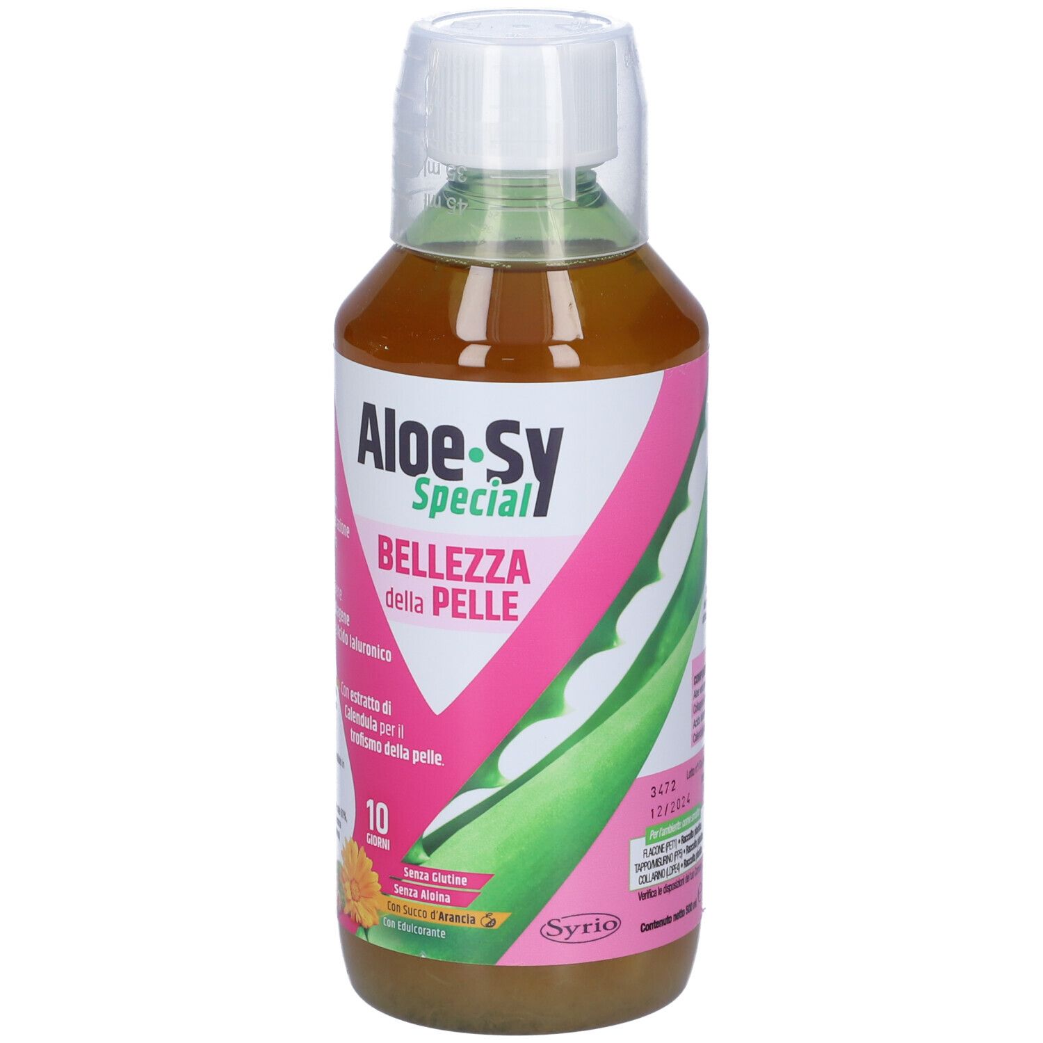 Integratore alimentare liquido in bottiglia. Etichetta rosa con nome del prodotto e illustrazione di aloe vera.