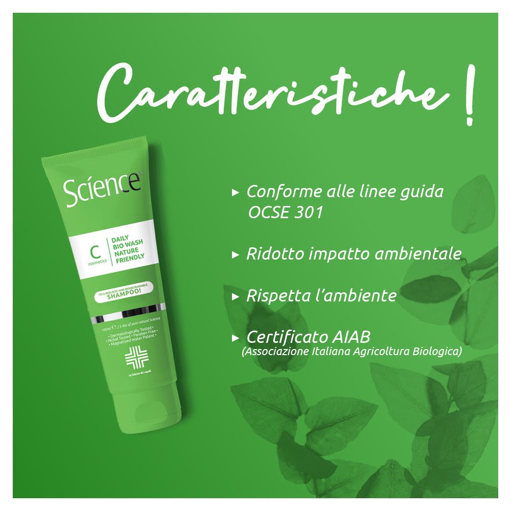 Grüne Flasche mit "Science" Shampoo, biologisch abbaubar, OCSE 301 konform, AIAB zertifiziert.