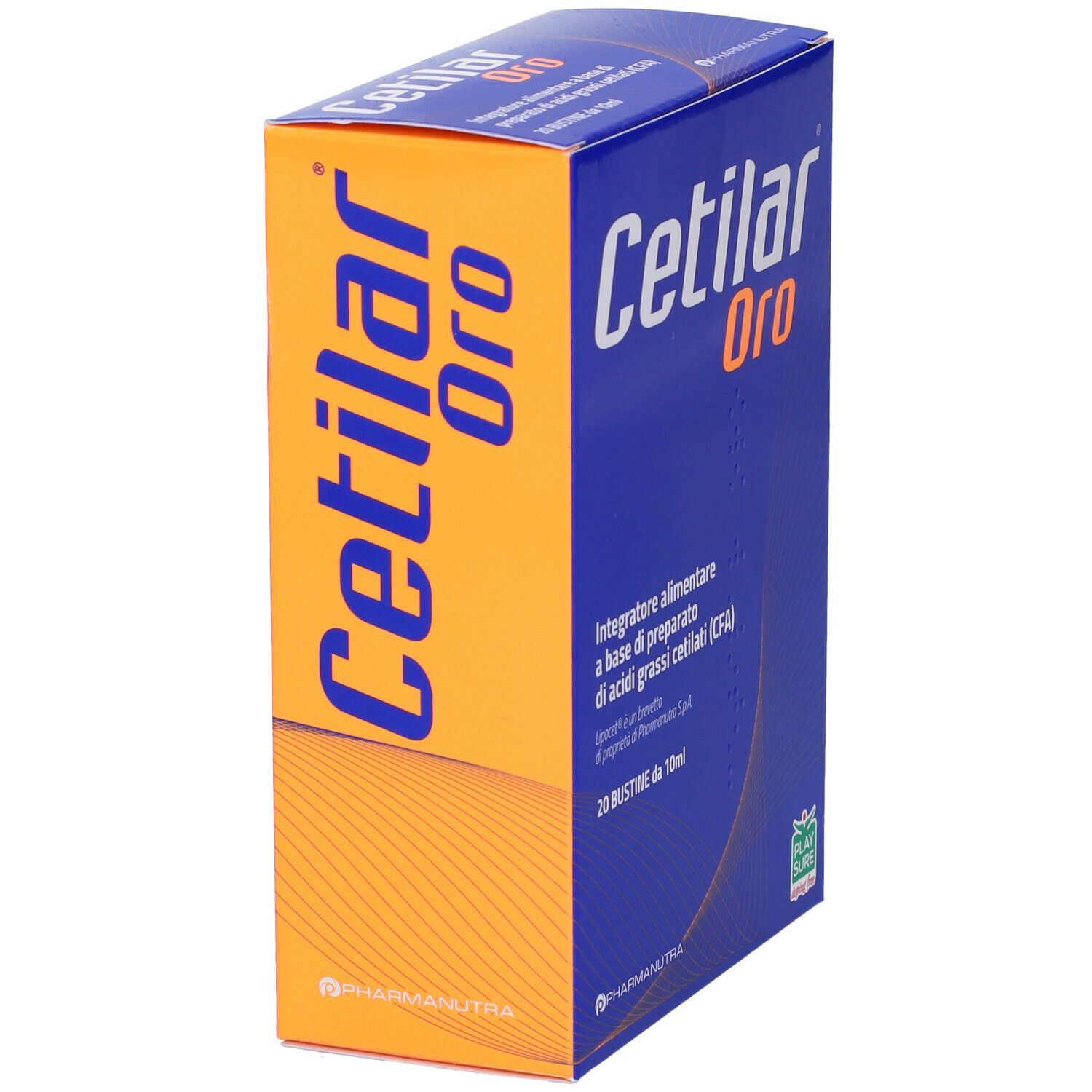 Scatola "Cetilar Oro" arancione e blu. Testo: "Cetilar Oro". Marchio PharmaNutra. 20 bustine.
