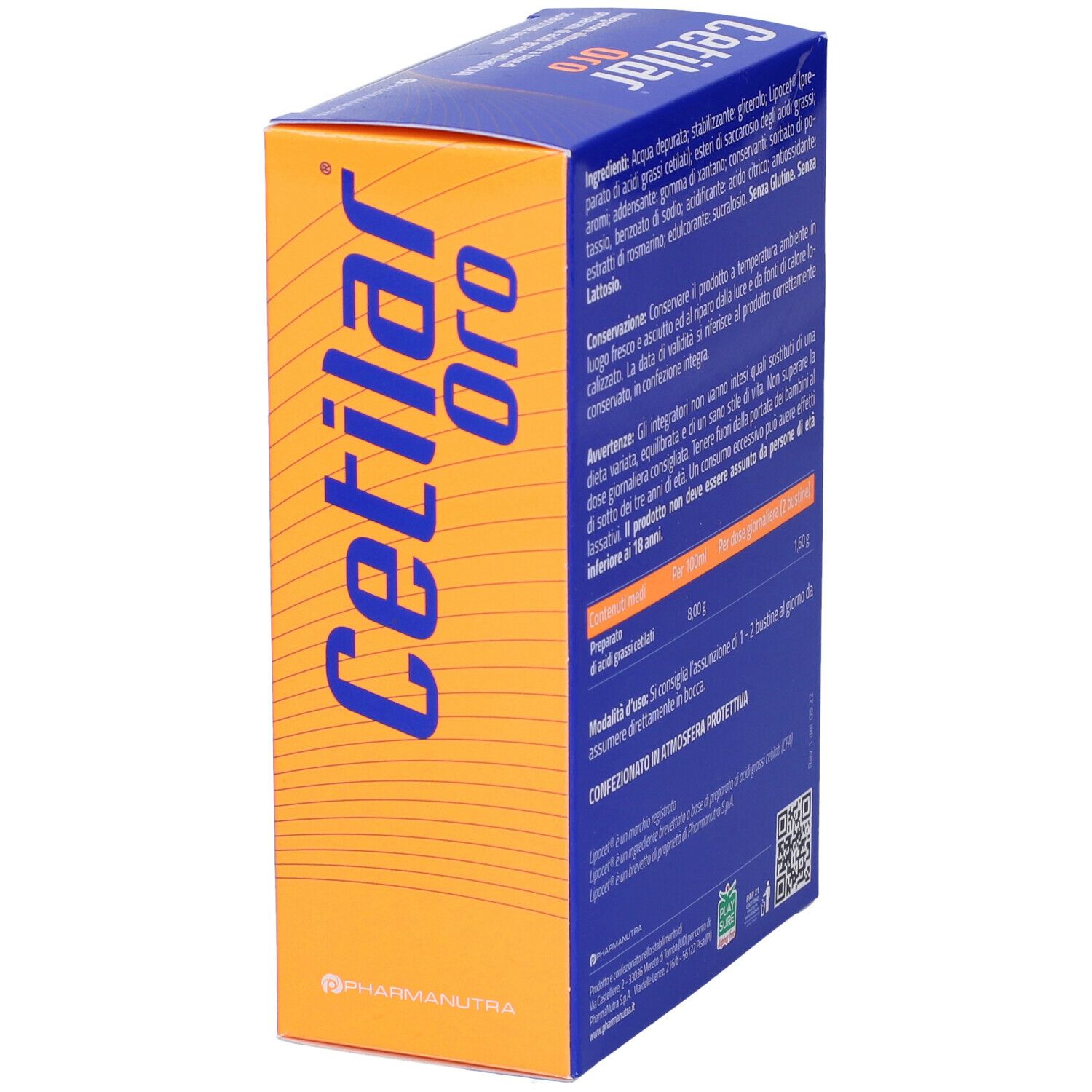 Scatola "Cetilar Oro" arancione e blu. Testo: "Cetilar Oro". Marchio PharmaNutra. Retro visibile.