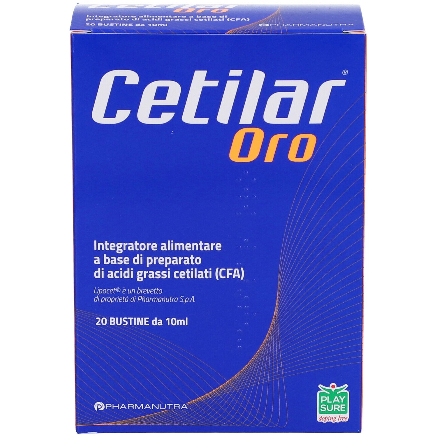 Scatola blu con logo "Cetilar Oro". Contiene 20 bustine. Marchio PharmaNutra. Testo in italiano.