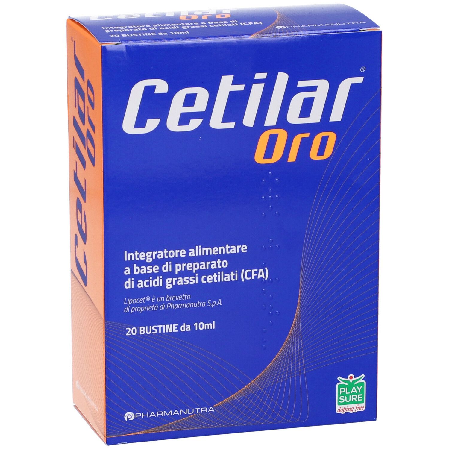Scatola blu con logo "Cetilar Oro". Contiene 20 bustine. Marchio PharmaNutra. Testo in italiano.
