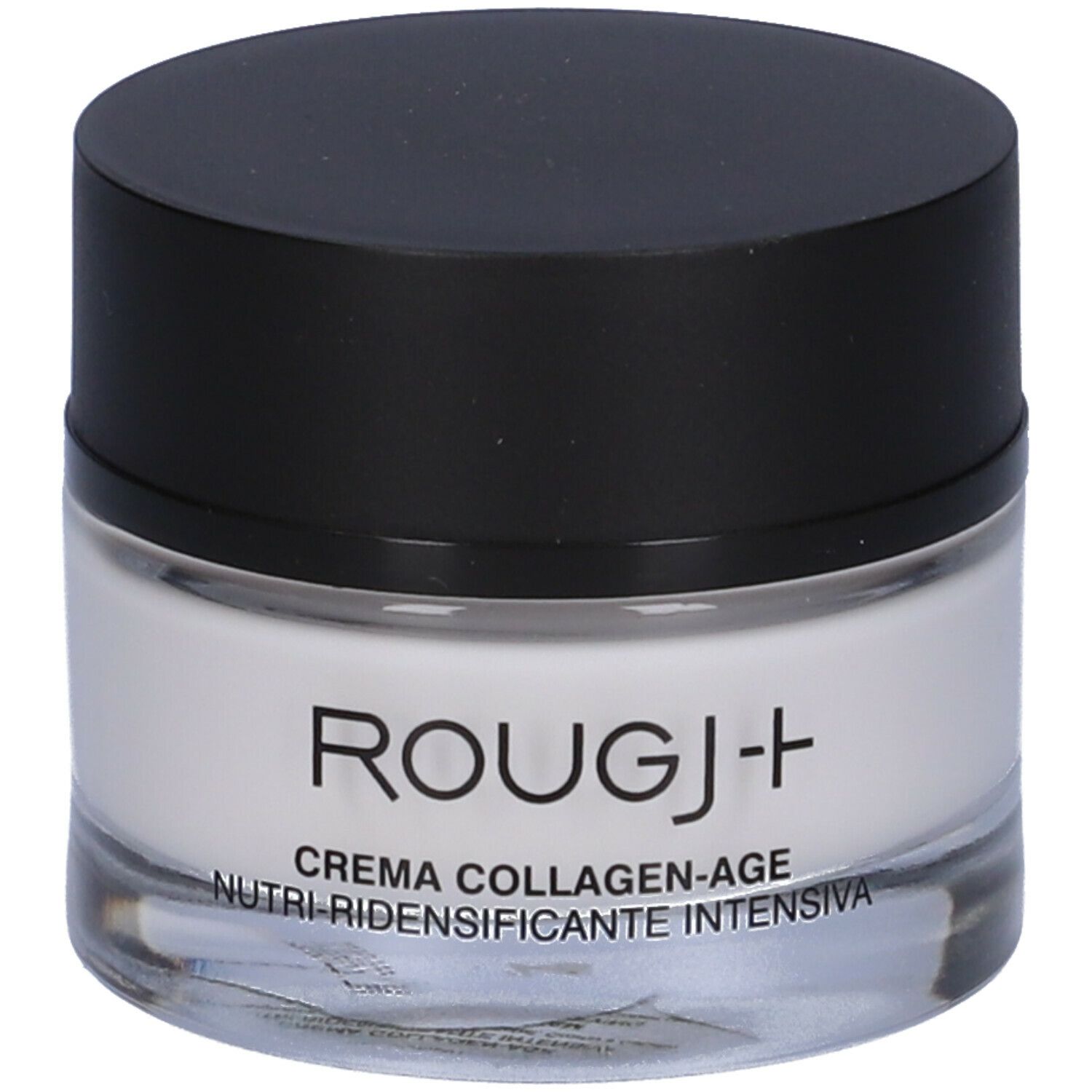 Vasetto di crema con coperchio nero. Scritta: ROUGJ+ CREMA COLLAGEN-AGE. Contenitore in vetro.