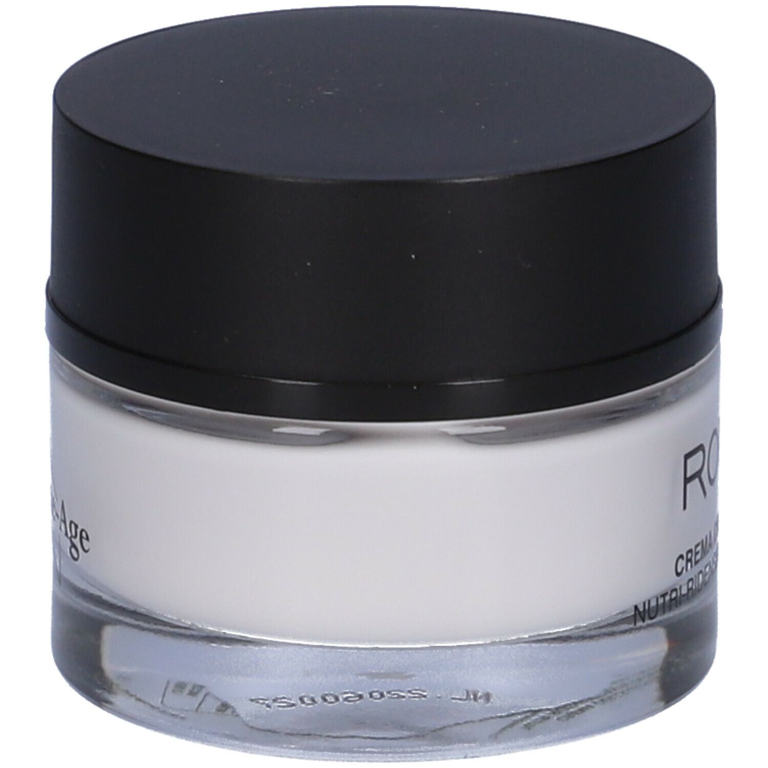 Vasetto di crema con coperchio nero. Scritta: ROUGJ+ CREMA COLLAGEN-AGE. Contenitore in vetro.