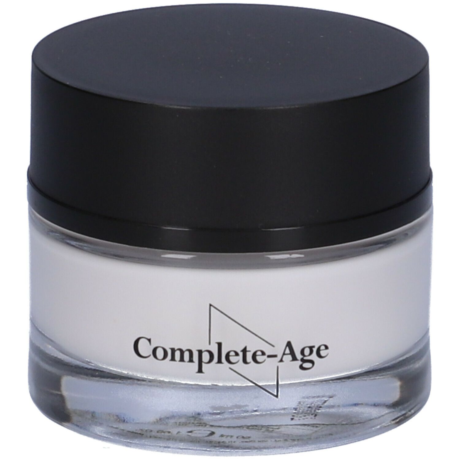 Vasetto di crema con coperchio nero. Scritta: Complete-Age. Contenitore in vetro.