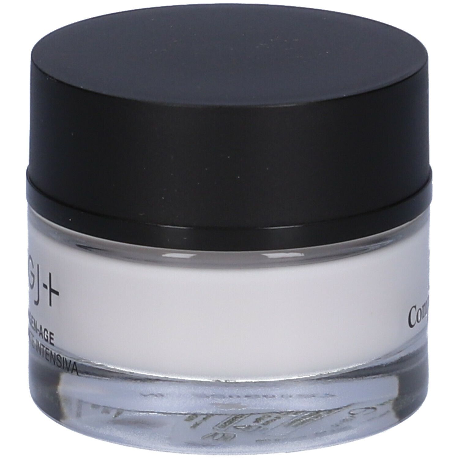 Vasetto di crema con coperchio nero. Scritta: ROUGJ+ CREMA COLLAGEN-AGE. Contenitore in vetro.