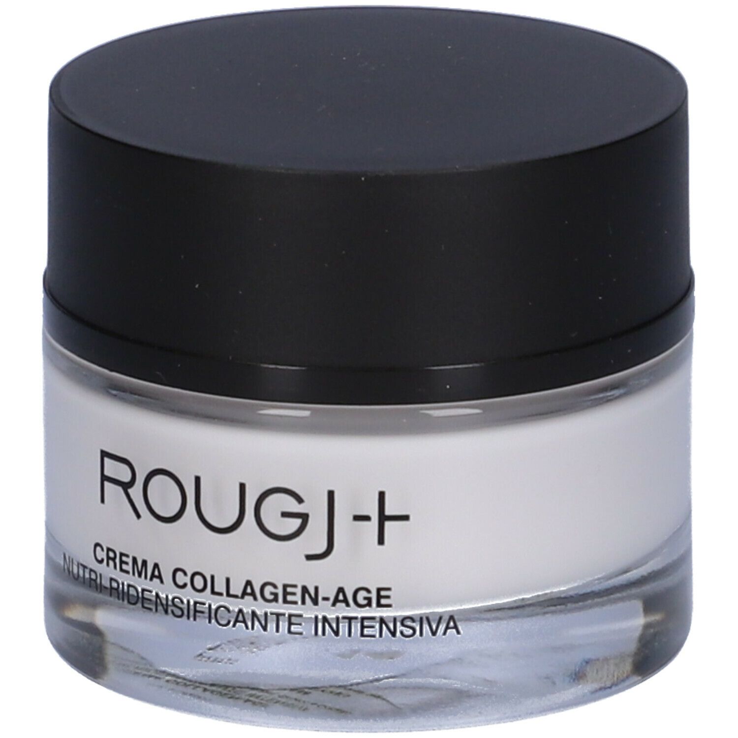 Vasetto di crema con coperchio nero. Scritta: ROUGJ+ CREMA COLLAGEN-AGE. Contenitore in vetro.