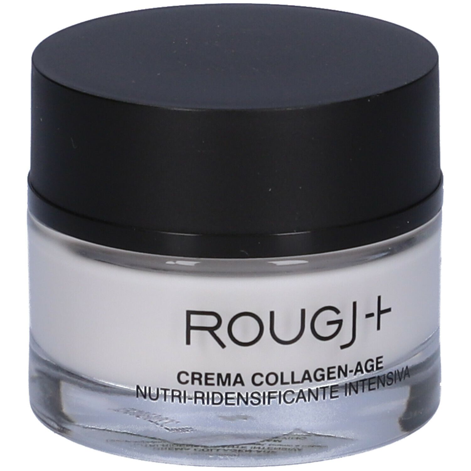 Vasetto di crema con coperchio nero. Scritta: ROUGJ+ CREMA COLLAGEN-AGE. Contenitore in vetro.