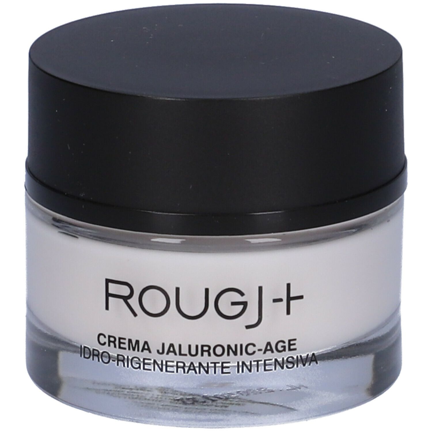 Vasetto di crema con coperchio nero. Scritta: ROUGJ+ CREMA JALURONIC-AGE IDRO-RIGENERANTE INTENSIVA.
