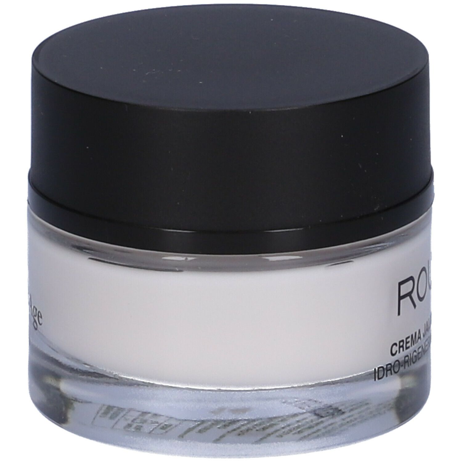 Vasetto di crema con coperchio nero. Scritta: ROUGJ+ CREMA JALURONIC-AGE IDRO-RIGENERANTE INTENSIVA.