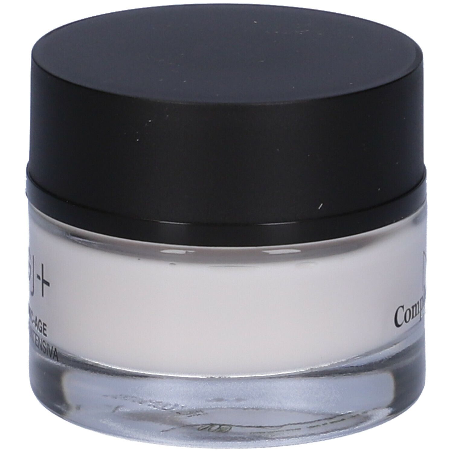 Vasetto di crema con coperchio nero. Scritta: Complete-Age.