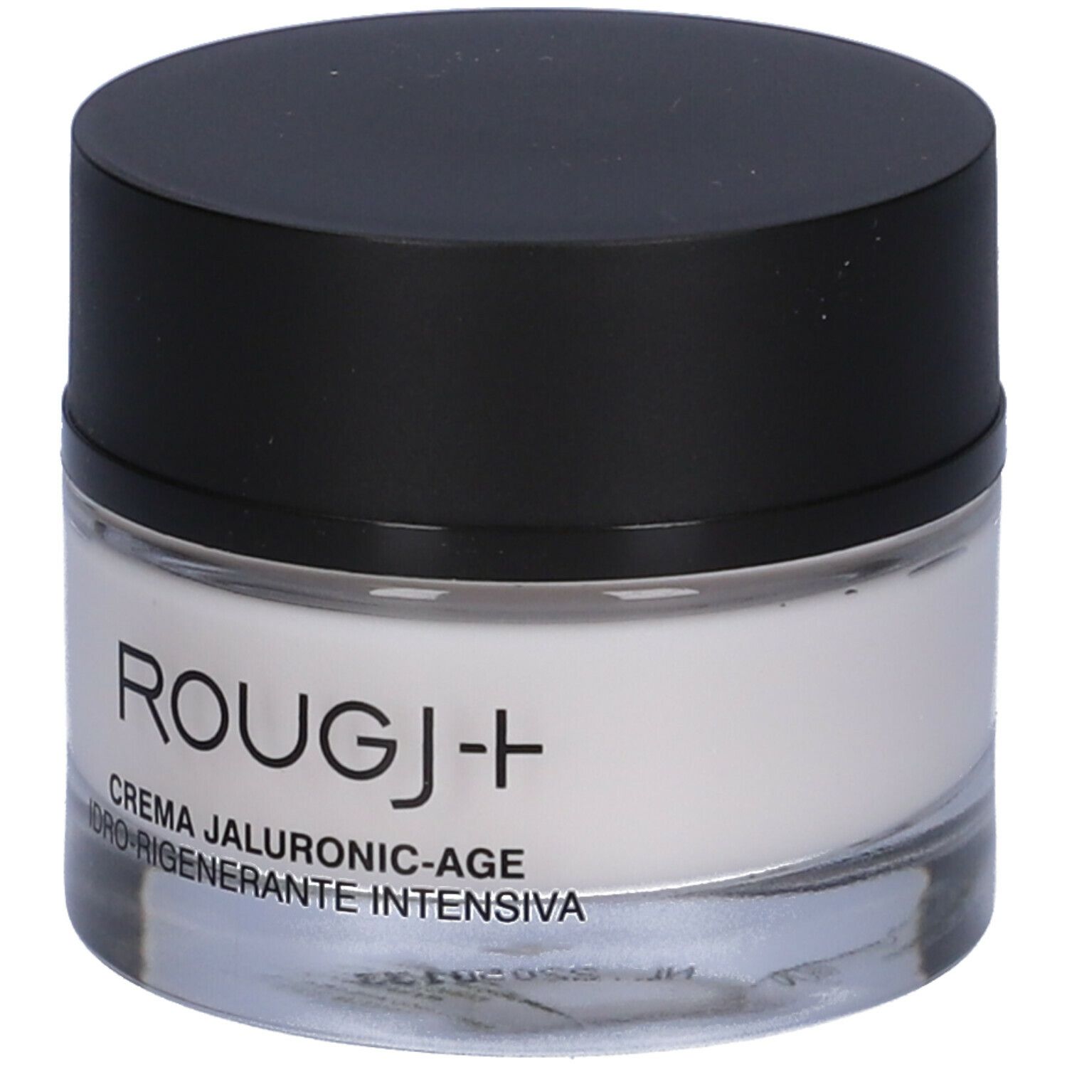 Vasetto di crema con coperchio nero. Scritta: ROUGJ+ CREMA JALURONIC-AGE IDRO-RIGENERANTE INTENSIVA.