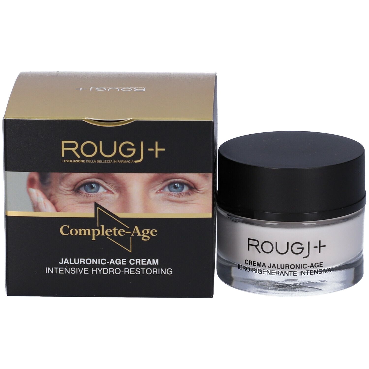 Confezione del prodotto e vasetto di crema. Scritta: ROUGJ+ Complete-Age. Immagine: contorno occhi.