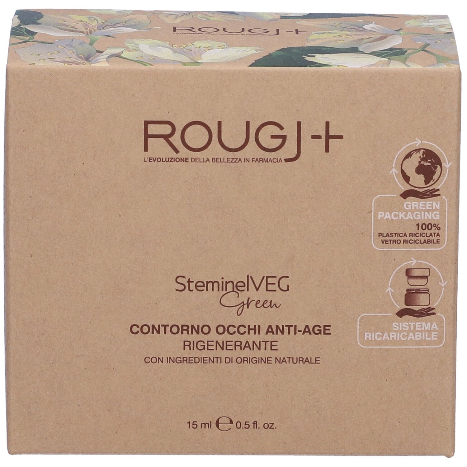 Confezione in cartone con logo e nome del prodotto. Testo: Steminelveg Green Contorno Occhi Anti-age. 15 ml.