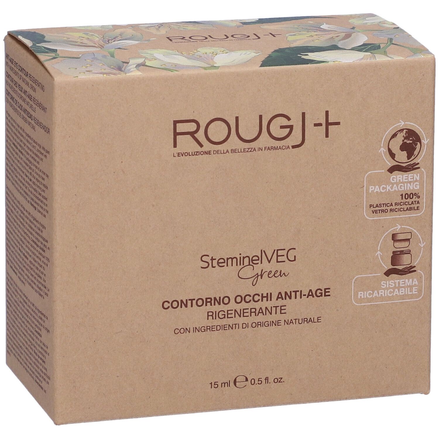Confezione in cartone con logo e nome del prodotto. Testo: Steminelveg Green Contorno Occhi Anti-age. 15 ml.