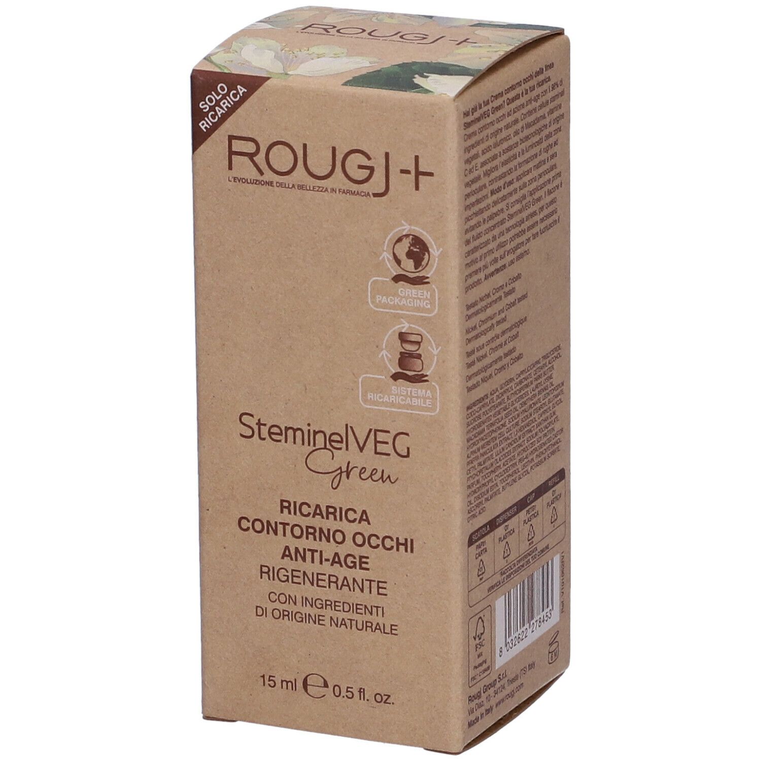 Confezione di Rougj+ Steminelveg Green Contorno Occhi Anti-age. Scatola marrone con nome e loghi del prodotto. 15 ml.