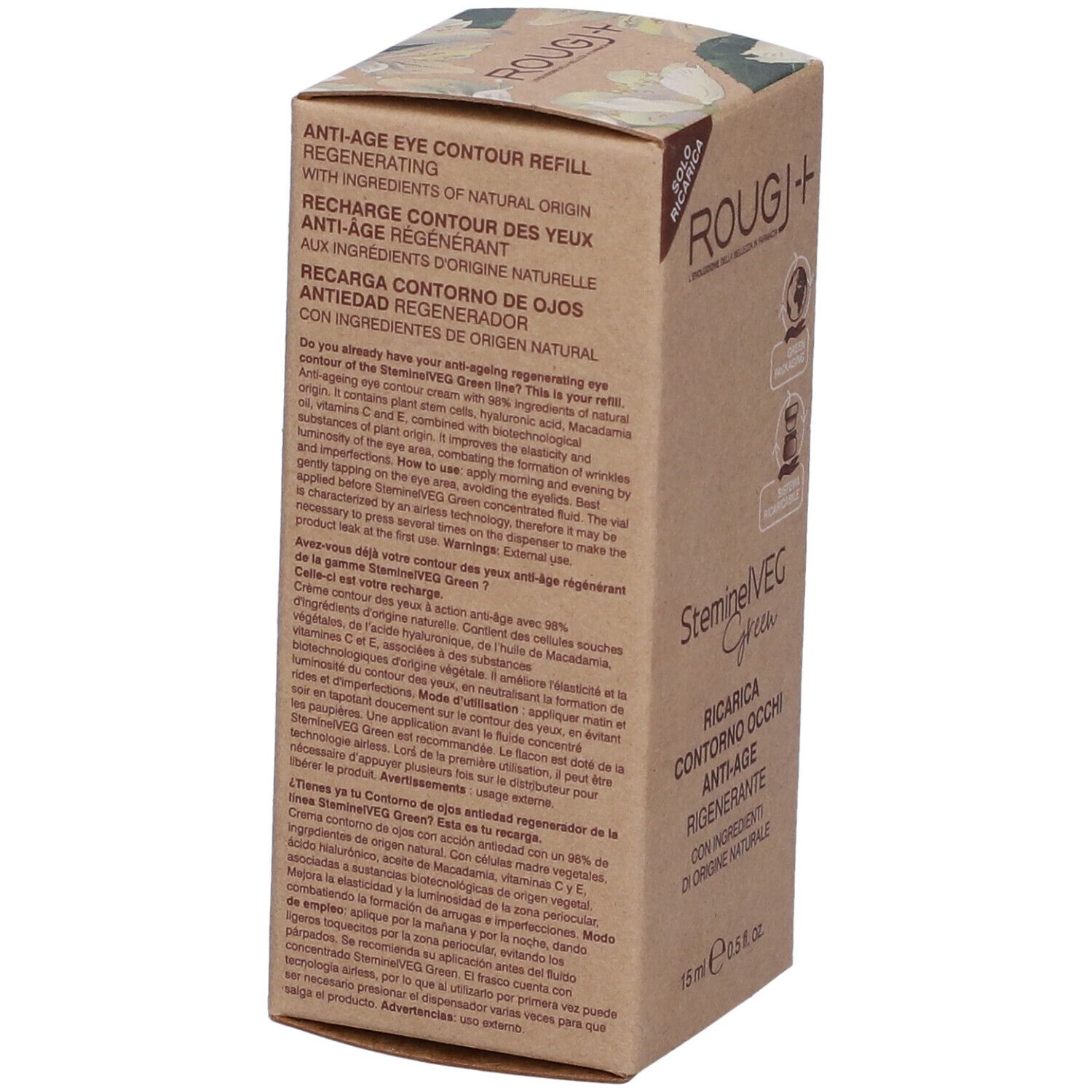 Retro della confezione di Rougj+ Steminelveg Green Contorno Occhi Anti-age. Testo multilingue. Confezione marrone.