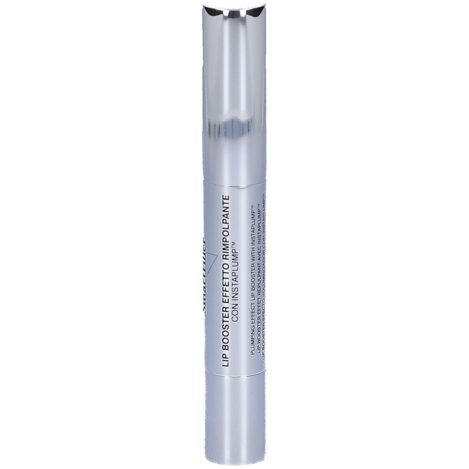 Rossetto argentato con testo. Il testo include 'LIP BOOSTER EFFETTO RIMPOLPANTE' e 'INSTAPLUMP'.
