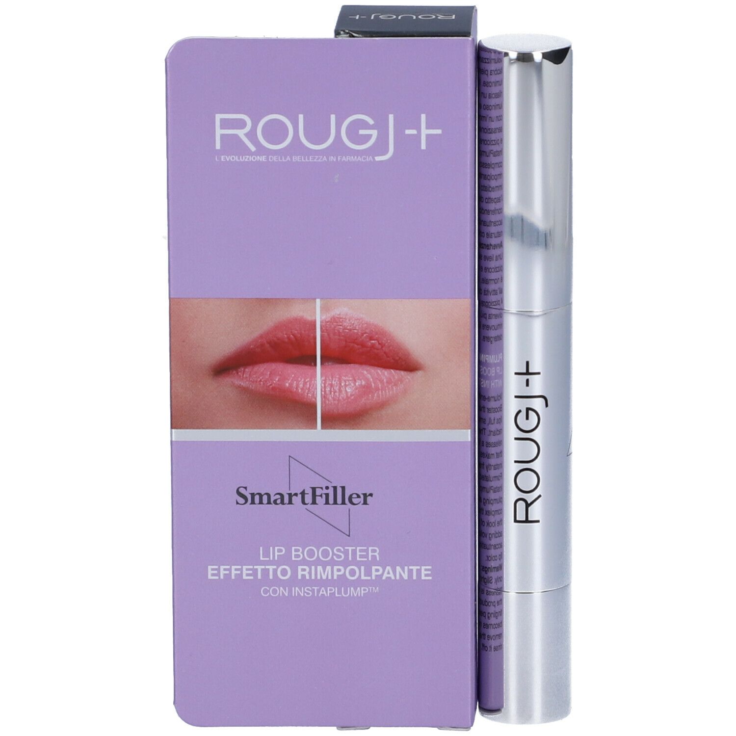 Confezione del prodotto con rossetto e scatola. Sulla scatola c'è ROUGJ+ e SmartFiller. Immagine di labbra.