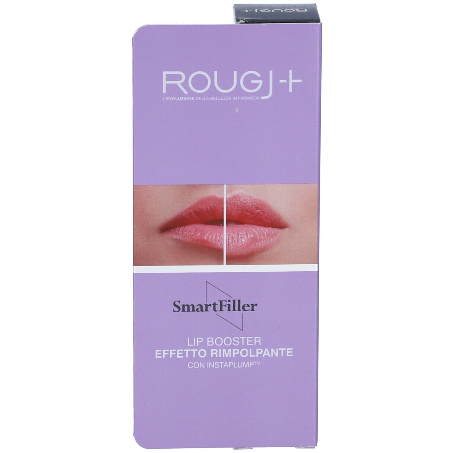 Confezione del prodotto con scatola. Sulla scatola c'è ROUGJ+ e SmartFiller. Immagine di labbra.