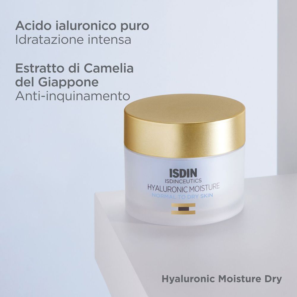 Creme-Tiegel mit goldfarbenem Deckel. Text: Acido ialuronico puro, Estratto di Camelia del Giappone. Aufschrift: ISDIN.