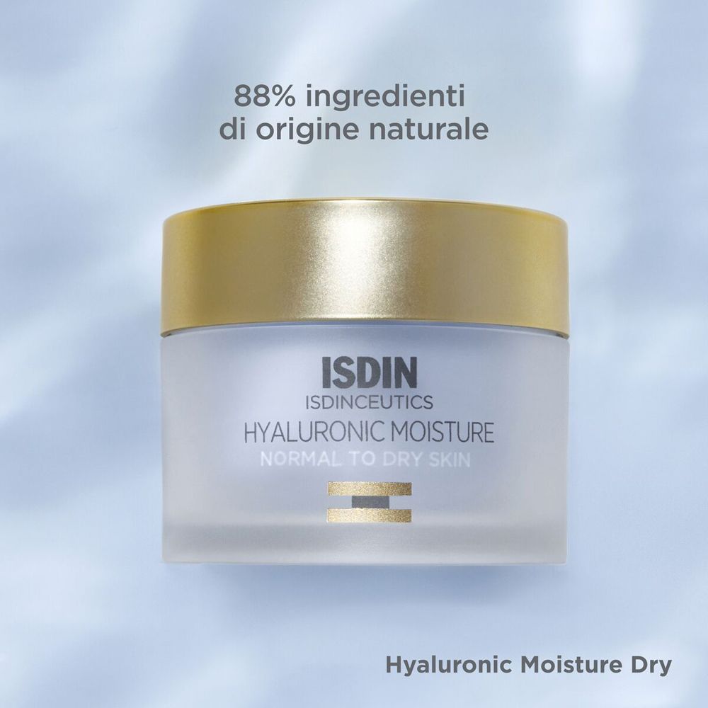 Creme-Tiegel mit goldfarbenem Deckel. Text: 88% Inhaltsstoffe natürlichen Ursprungs. Aufschrift: ISDIN, HYALURONIC MOISTURE.
