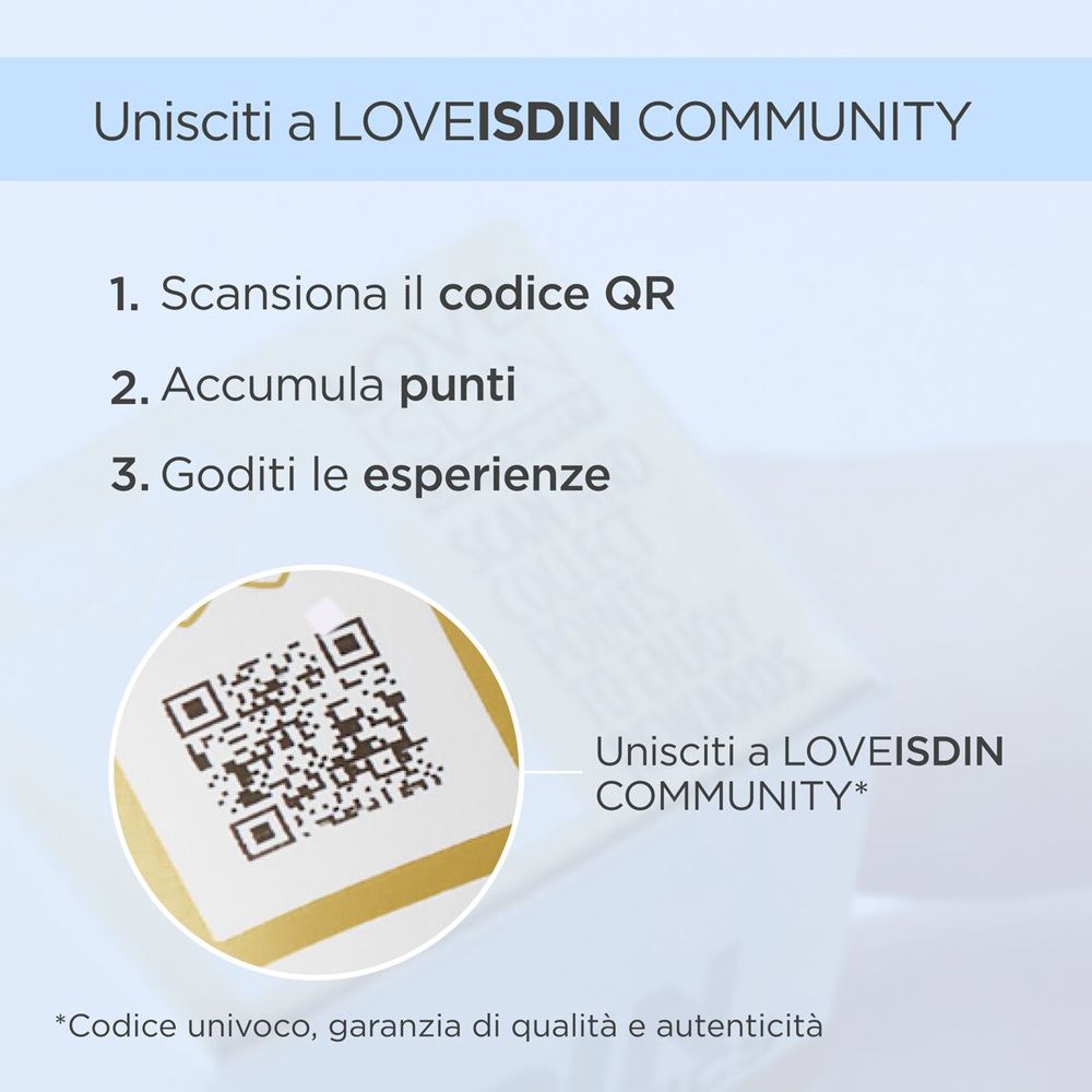 Nahaufnahme eines QR-Codes. Text: Unisciti a LOVEISDIN COMMUNITY. Code unico, garanzia di qualità e autenticità.