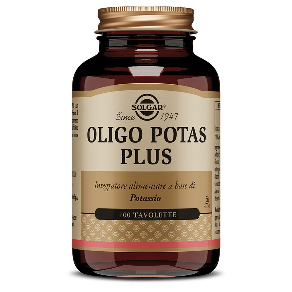 Flacone in vetro marrone SOLGAR Oligo Potas Plus. Etichetta con nome prodotto e 100 compresse.