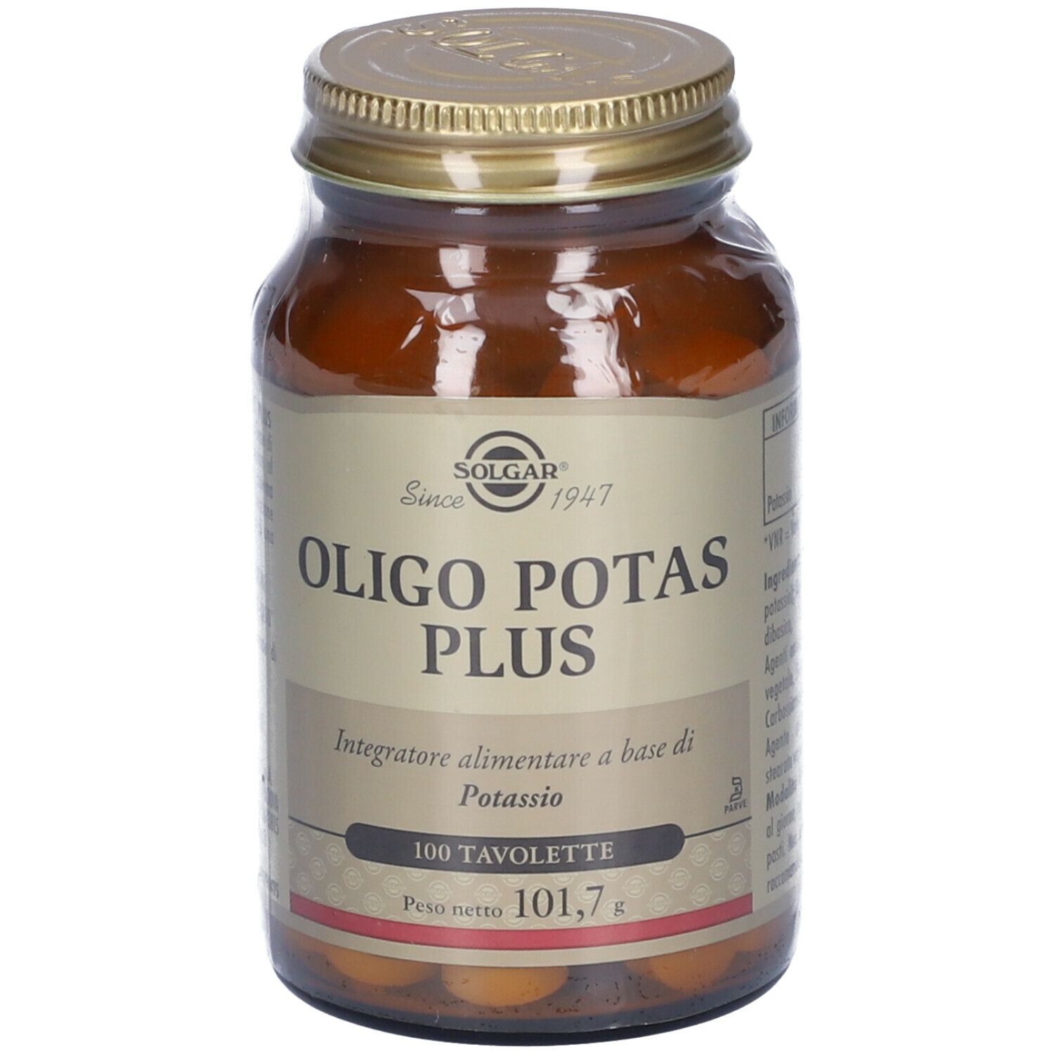 Flacone in vetro marrone SOLGAR Oligo Potas Plus. Coperchio dorato. 100 compresse. Peso netto: 101,7 g.