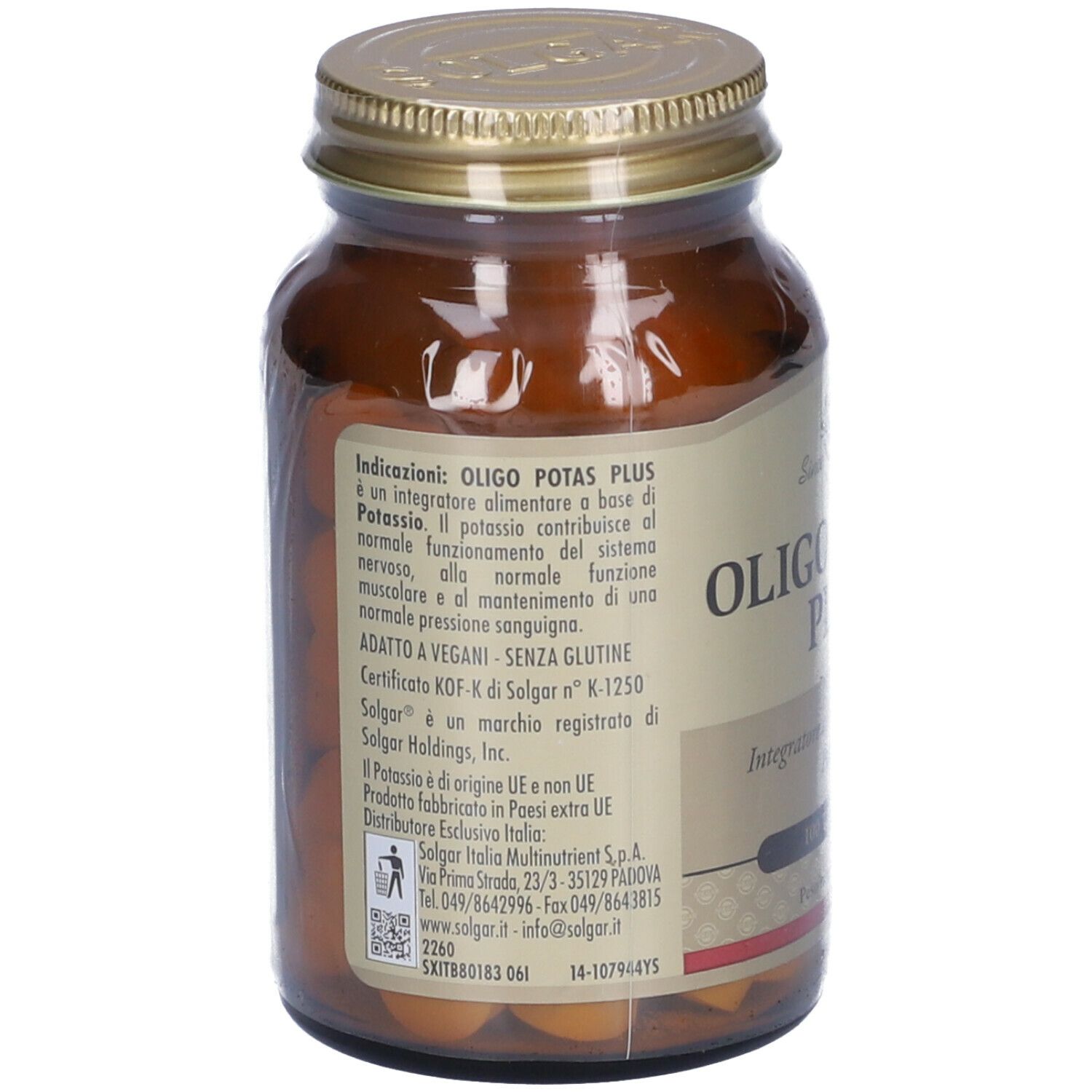 Retro del flacone SOLGAR Oligo Potas Plus. Informazioni sugli ingredienti e le istruzioni per l'uso.