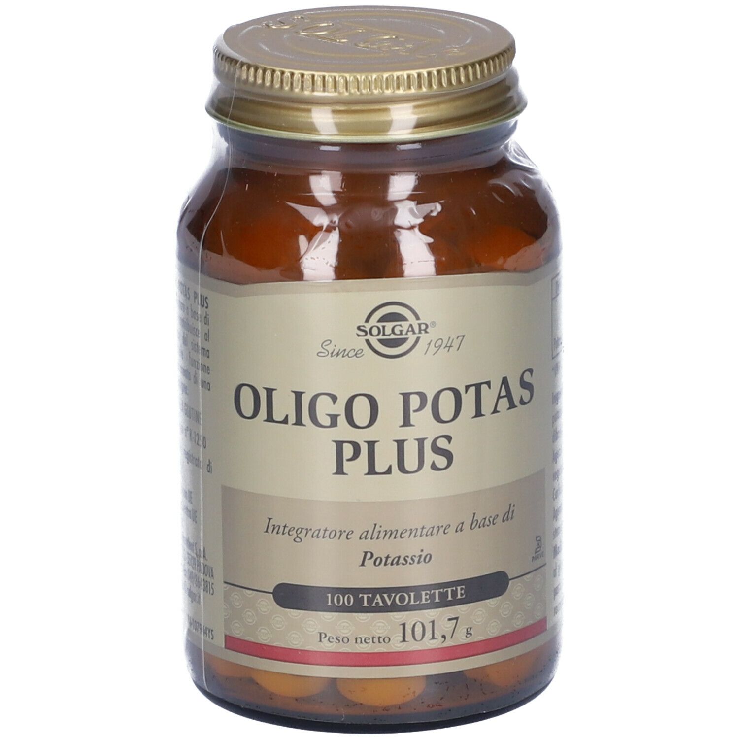 Flacone in vetro marrone SOLGAR Oligo Potas Plus. Coperchio dorato. Etichetta con nome prodotto e 100 compresse.
