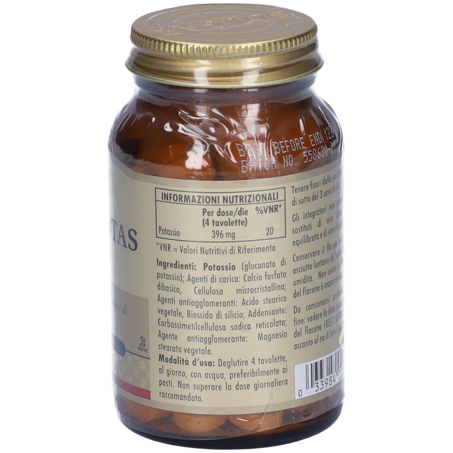Retro del flacone SOLGAR Oligo Potas Plus. Informazioni nutrizionali e istruzioni per l'uso.