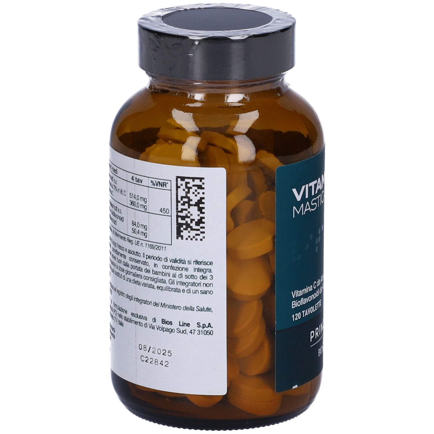 Rückansicht der braunen Glasflasche mit "Vitamina C Masticabile". Etikett mit Inhaltsstoffen und QR-Code.