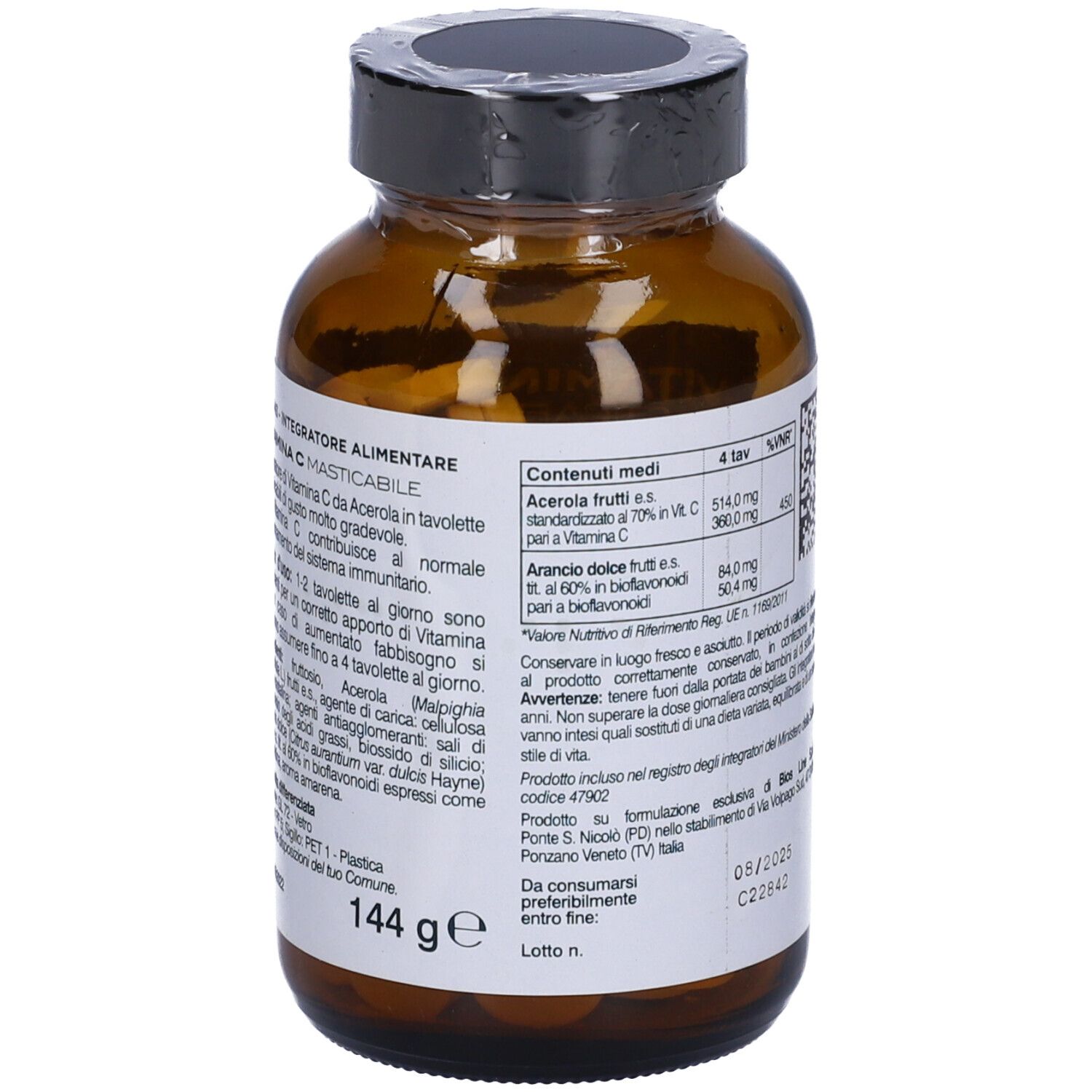 Braune Glasflasche mit "Vitamina C Masticabile"-Etikett. Detailansicht der Inhaltsstoffe und Nährwertangaben.
