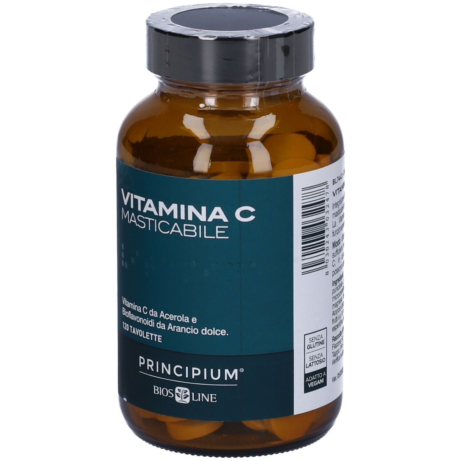 Braune Glasflasche mit "Vitamina C Masticabile"-Etikett. 120 Tabletten. BIOS LINE Principium. Glutenfrei, vegan.