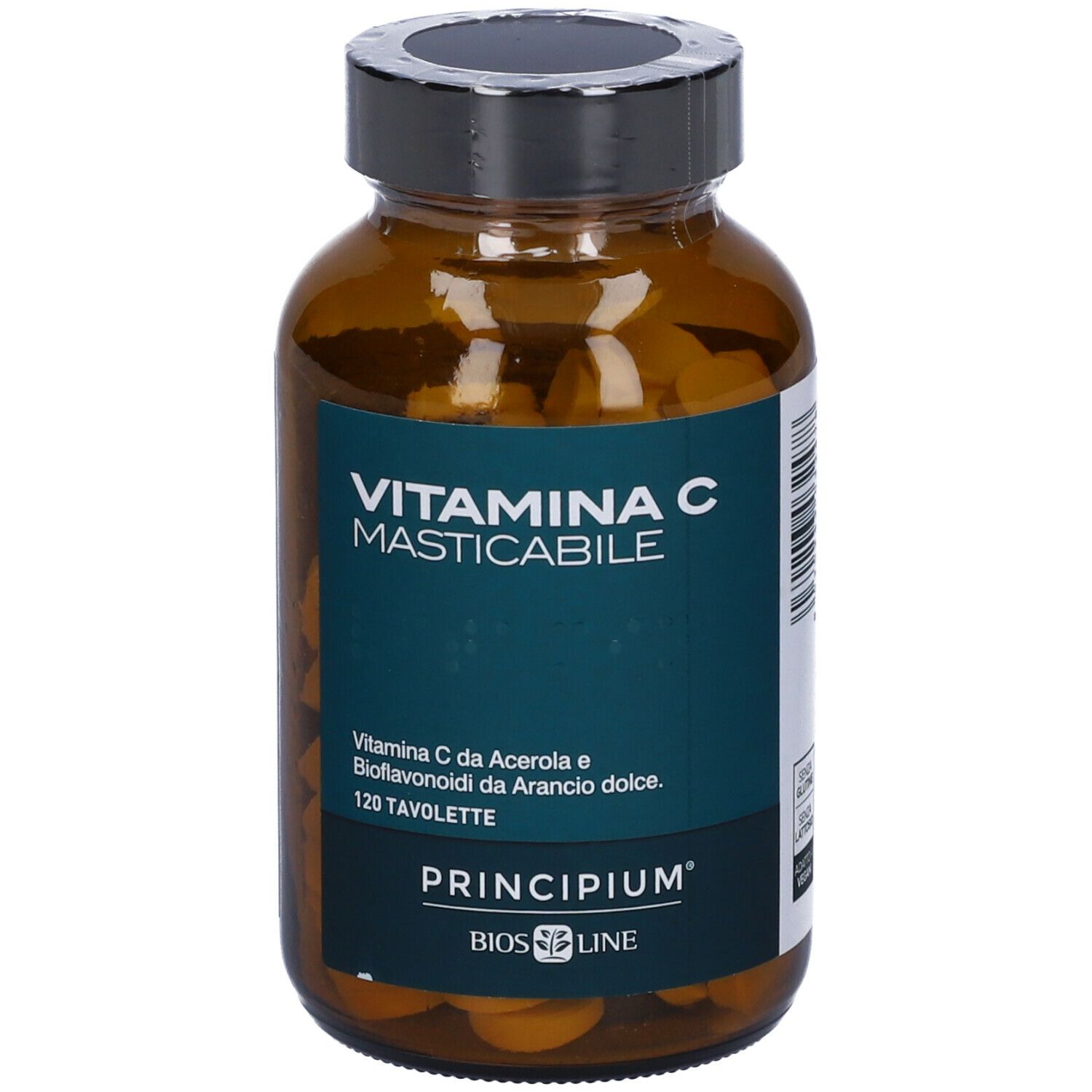 Braune Glasflasche mit "Vitamina C Masticabile"-Etikett. 120 Tabletten. BIOS LINE Principium.