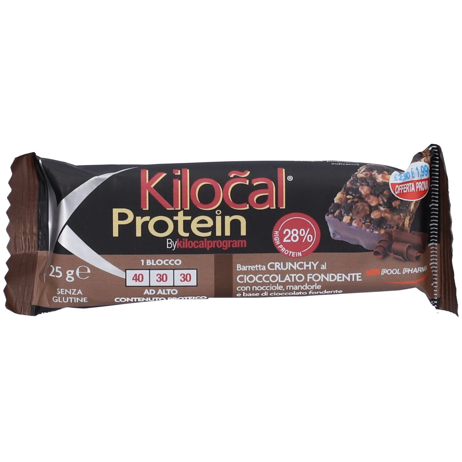 Kilocal Protein Barretta Cioccolato Fondente Nocciole Mandorle 25 G