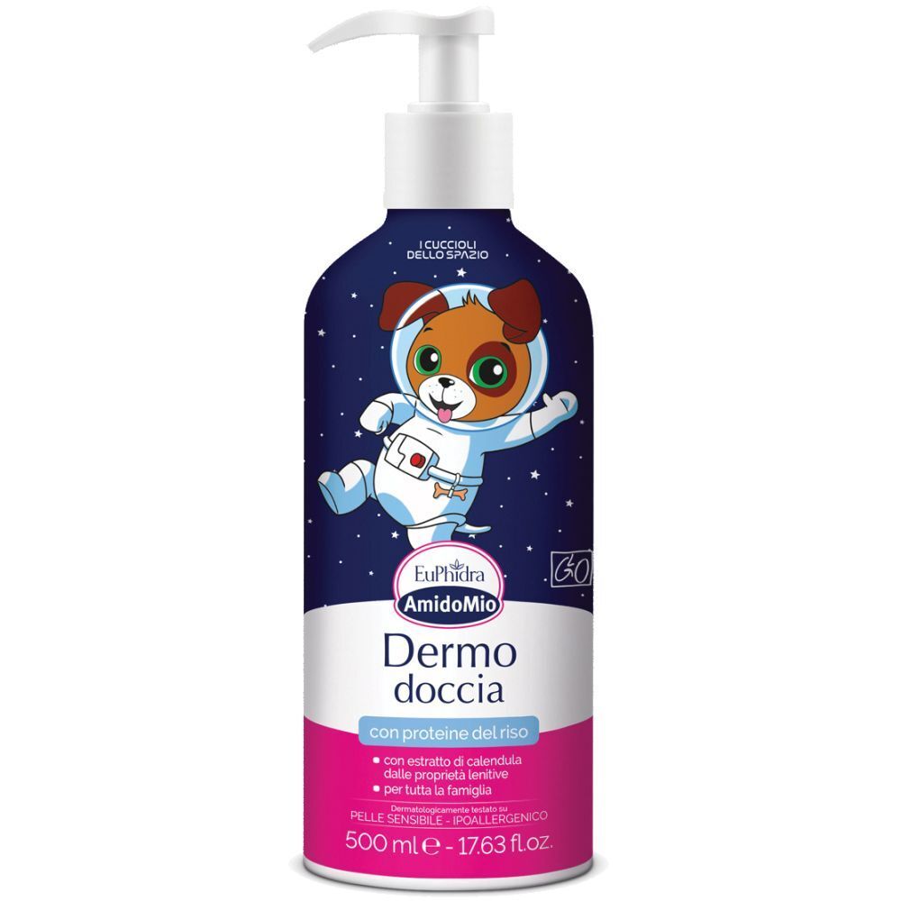 Flacone blu e rosa con dosatore. Illustrazione: cane astronauta. Testo: "Dermo doccia", "con proteine del riso".