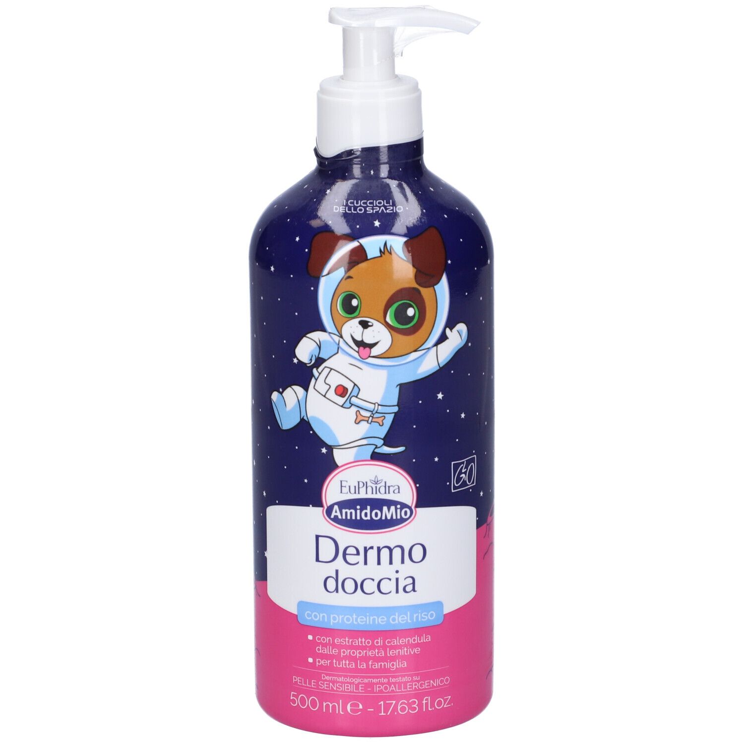 Flacone blu e rosa con dosatore. Illustrazione: cane astronauta. Testo: "Dermo doccia", "con proteine del riso".